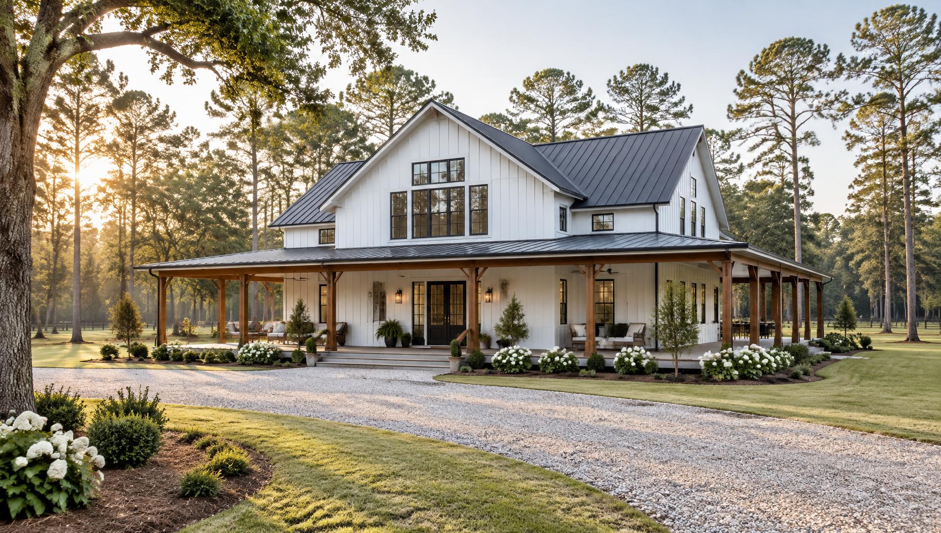 White barndominium with wraparound porch on acreage